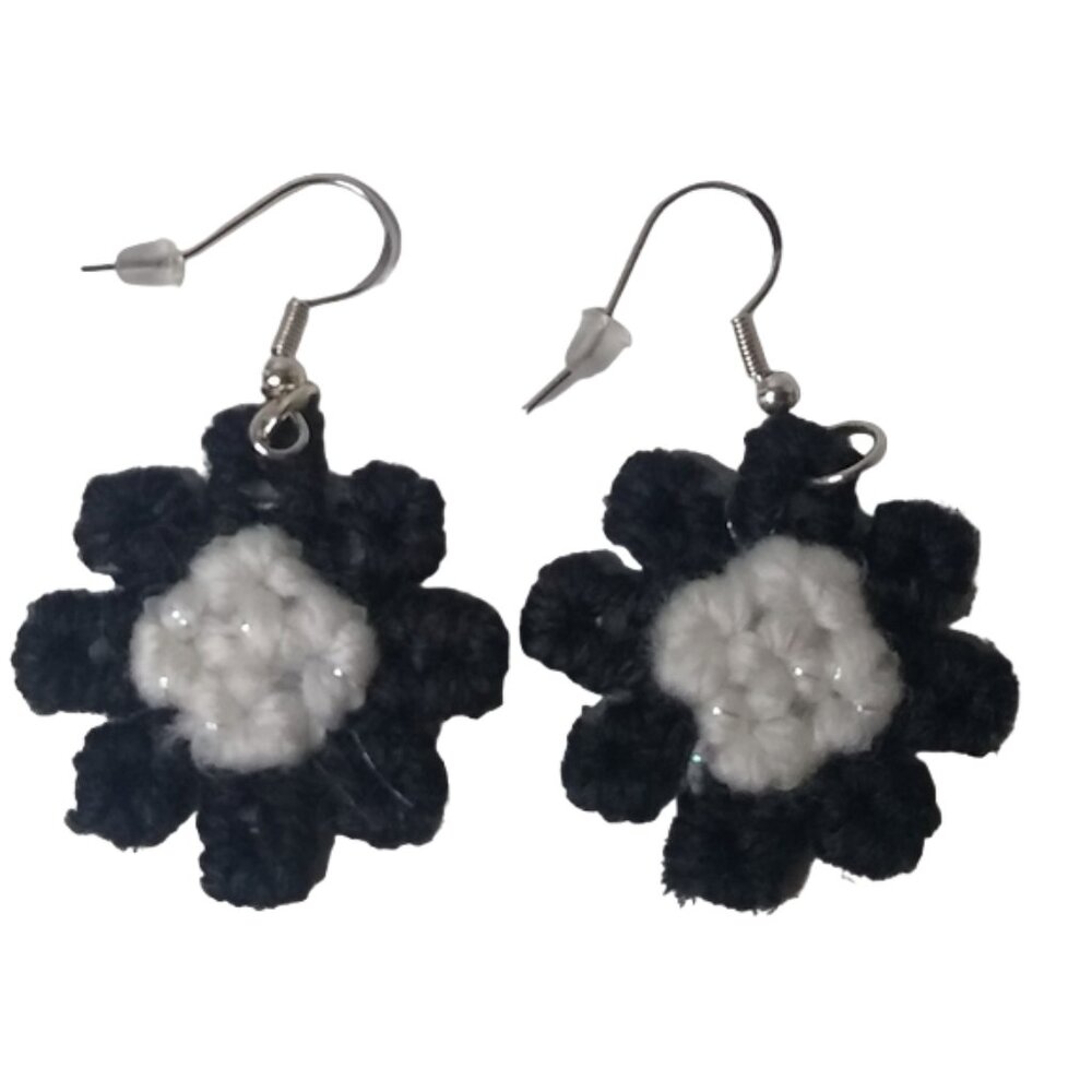 Yarn Flower Hook Earrings, Approximately 2 Inches Length